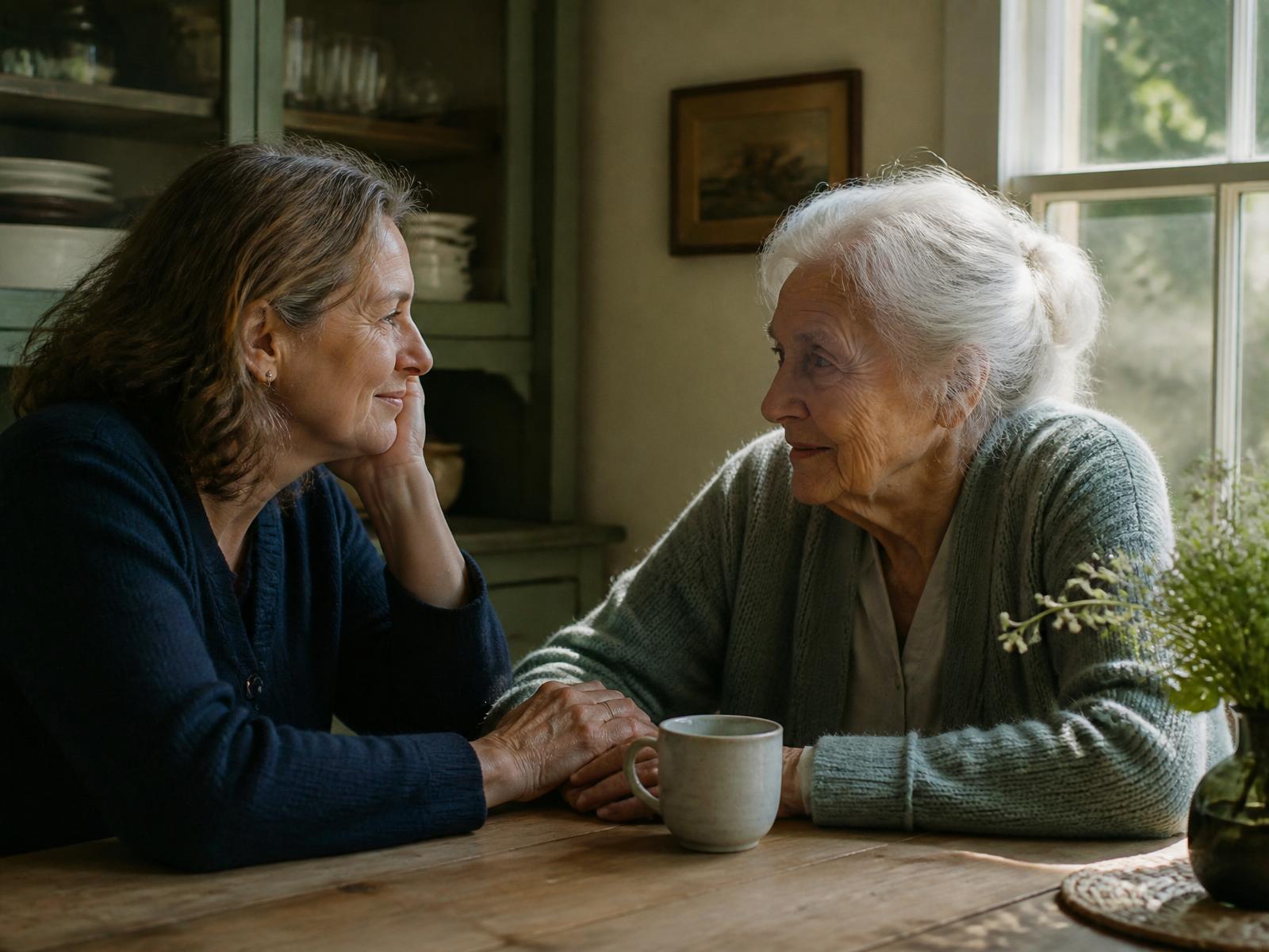 An adult daughter sitting with her mother at a sunlit kitchen table